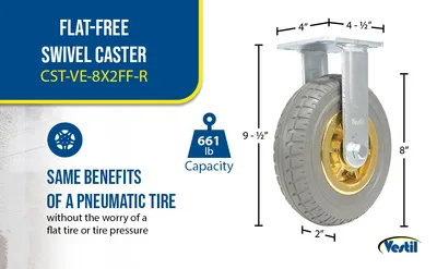 Vestil CST-VE-8X2FF-R flat-free (rubber) feature highlights