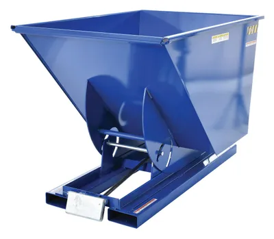 Vestil D-100-HD d style - self-dumping steel hoppers with bumper release shown from an alternate angle