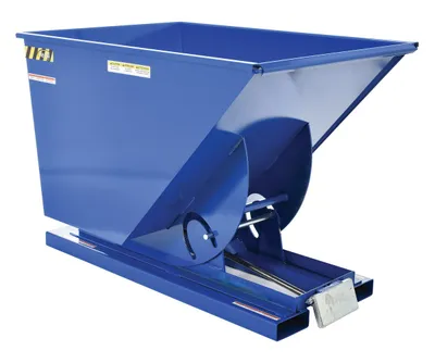 Vestil D-100-HD d style - self-dumping steel hoppers with bumper release shown from an alternate angle