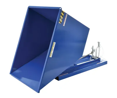 Vestil D-100-HD d style - self-dumping steel hoppers with bumper release shown from an alternate angle