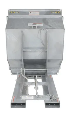 Vestil D-100-HD-GAL d style - self-dumping steel hoppers with bumper release shown from an alternate angle