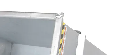 Vestil D-100-HD-GAL d style - self-dumping steel hoppers with bumper release shown from an alternate angle