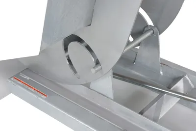 Vestil D-100-HD-GAL d style - self-dumping steel hoppers with bumper release shown from an alternate angle