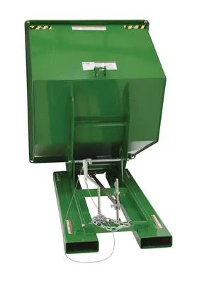 Vestil D-100-HD-GRN-T d style - self-dumping steel hoppers with bumper release shown from an alternate angle