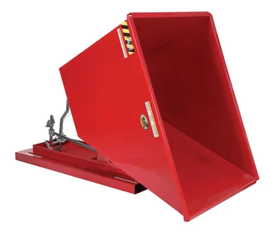 Vestil D-100-HD-SR d style - self-dumping steel hoppers with bumper release shown from an alternate angle