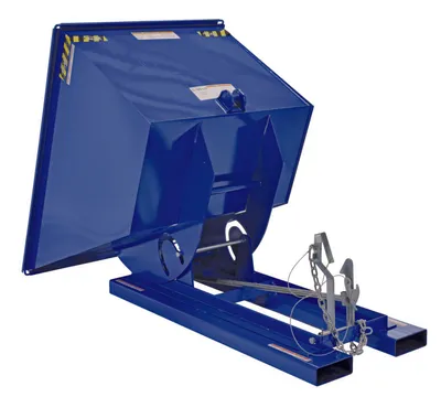 Vestil D-100-LD d style - self-dumping steel hoppers with bumper release shown from an alternate angle