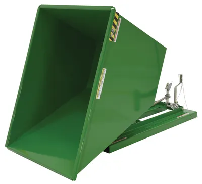 Vestil D-100-LD-GRN-T d style - self-dumping steel hoppers with bumper release shown from an alternate angle
