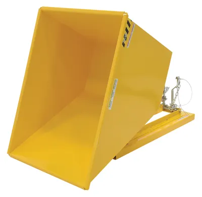 Vestil D-100-LD-YEL d style - self-dumping steel hoppers with bumper release shown from an alternate angle