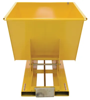 Vestil D-100-LD-YEL d style - self-dumping steel hoppers with bumper release shown from an alternate angle