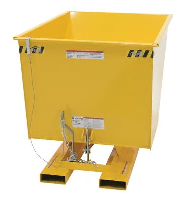 Vestil D-100-LD-YEL d style - self-dumping steel hoppers with bumper release shown from an alternate angle