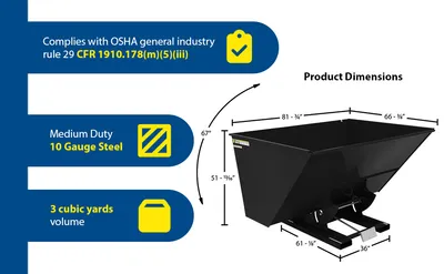 Vestil D-100-MD d style - self-dumping steel hoppers with bumper release feature highlights