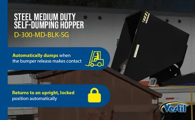 Vestil D-100-MD d style - self-dumping steel hoppers with bumper release feature highlights