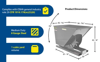 Vestil D-100-MD-GY-MG d style - self-dumping steel hoppers with bumper release feature highlights