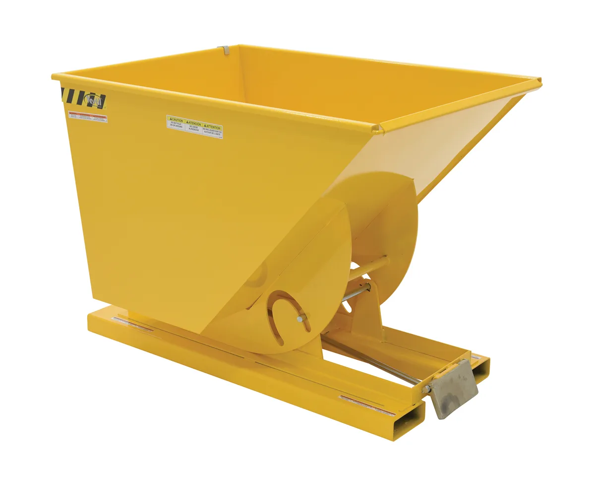Vestil D-100-MD-YEL d style - self-dumping steel hoppers with bumper release