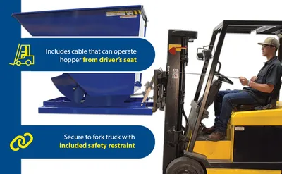 Vestil D-150-HD d style - self-dumping steel hoppers with bumper release feature highlights
