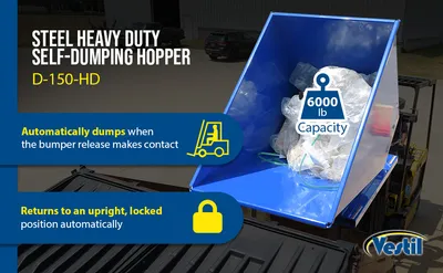 Vestil D-150-HD d style - self-dumping steel hoppers with bumper release feature highlights
