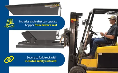 Vestil D-150-HD-GY-MG d style - self-dumping steel hoppers with bumper release feature highlights