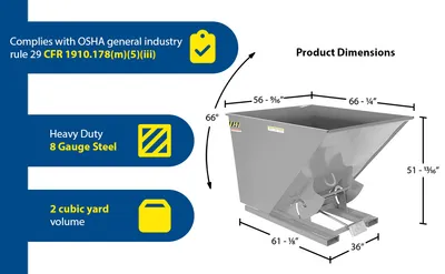 Vestil D-200-HD-GY-MG d style - self-dumping steel hoppers with bumper release feature highlights