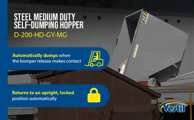 Vestil D-200-HD-GY-MG d style - self-dumping steel hoppers with bumper release feature highlights