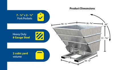 Vestil D-200-HD-NB-GAL d-style hoppers, no bump & dump feature highlights