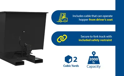 Vestil D-200-LD-BLK-SG d style - self-dumping steel hoppers with bumper release feature highlights