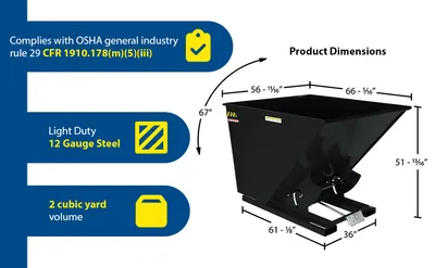 Vestil D-200-LD-BLK-SG d style - self-dumping steel hoppers with bumper release feature highlights