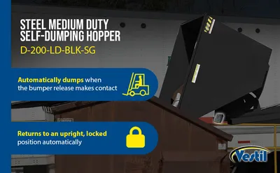 Vestil D-200-LD-BLK-SG d style - self-dumping steel hoppers with bumper release feature highlights