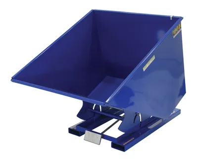 Vestil D-200-LD d style - self-dumping steel hoppers with bumper release shown from an alternate angle