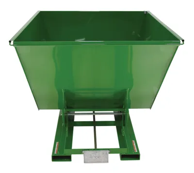 Vestil D-200-LD-GRN-T d style - self-dumping steel hoppers with bumper release shown from an alternate angle