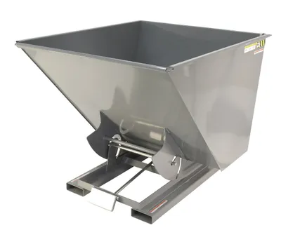 Vestil D-200-LD-GY-SG d style - self-dumping steel hoppers with bumper release shown from an alternate angle