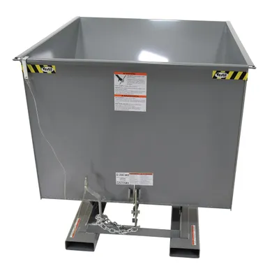 Vestil D-200-MD-GY-SG d style - self-dumping steel hoppers with bumper release shown from an alternate angle