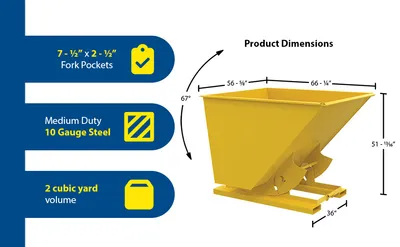 Vestil D-200-MD-NB-YEL d-style hoppers, no bump & dump feature highlights
