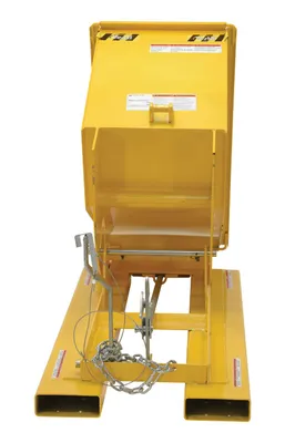 Vestil D-25-HD-YEL d style - self-dumping steel hoppers with bumper release shown from an alternate angle