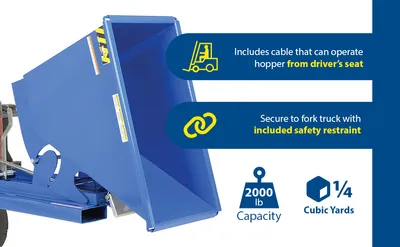 Vestil D-25-LD d style - self-dumping steel hoppers with bumper release feature highlights