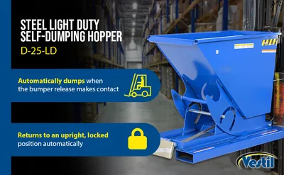 Vestil D-25-LD d style - self-dumping steel hoppers with bumper release feature highlights
