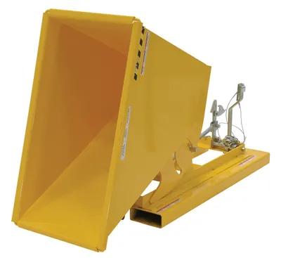 Vestil D-25-LD-YEL d style - self-dumping steel hoppers with bumper release shown from an alternate angle