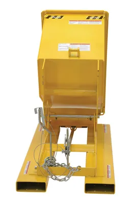 Vestil D-25-LD-YEL d style - self-dumping steel hoppers with bumper release shown from an alternate angle