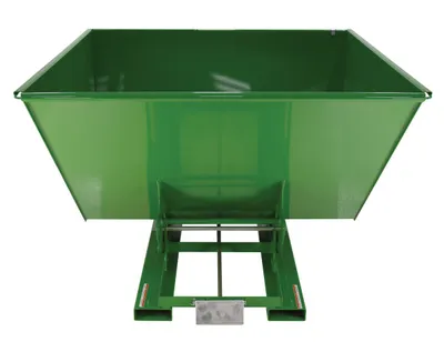 Vestil D-250-HD-GRN-T d style - self-dumping steel hoppers with bumper release shown from an alternate angle