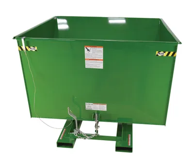 Vestil D-250-HD-GRN-T d style - self-dumping steel hoppers with bumper release shown from an alternate angle