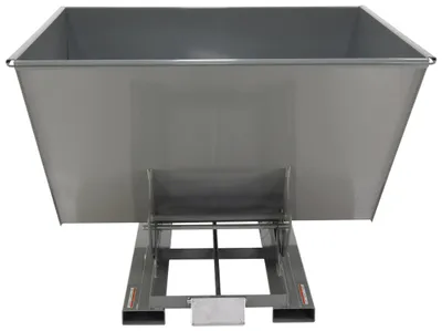 Vestil D-250-HD-GY-SG d style - self-dumping steel hoppers with bumper release shown from an alternate angle