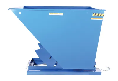 Vestil D-250-LD d style - self-dumping steel hoppers with bumper release shown from an alternate angle