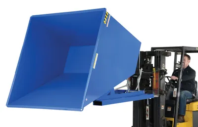Vestil D-250-LD d style - self-dumping steel hoppers with bumper release shown from an alternate angle