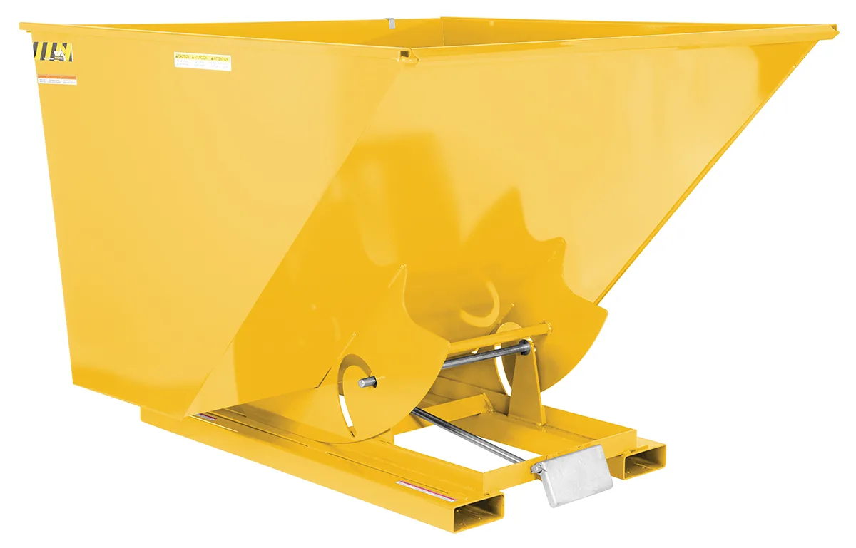 Vestil D-250-LD-YEL d style - self-dumping steel hoppers with bumper release