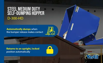 Vestil D-300-HD d style - self-dumping steel hoppers with bumper release feature highlights