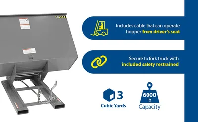 Vestil D-300-HD-GY-MG d style - self-dumping steel hoppers with bumper release feature highlights