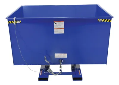 Vestil D-300-LD d style - self-dumping steel hoppers with bumper release shown from an alternate angle