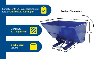 Vestil D-300-LD d style - self-dumping steel hoppers with bumper release feature highlights