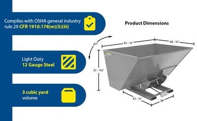 Vestil D-300-LD-GY-MG d style - self-dumping steel hoppers with bumper release feature highlights