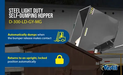 Vestil D-300-LD-GY-MG d style - self-dumping steel hoppers with bumper release feature highlights