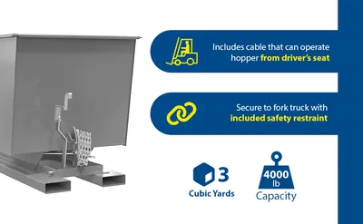 Vestil D-300-MD-GY-MG d style - self-dumping steel hoppers with bumper release feature highlights